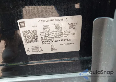 2019 Chevrolet Traverse 1Lt z USA, uszkodzony, nr VIN 1GNEVGKW0KJ153905